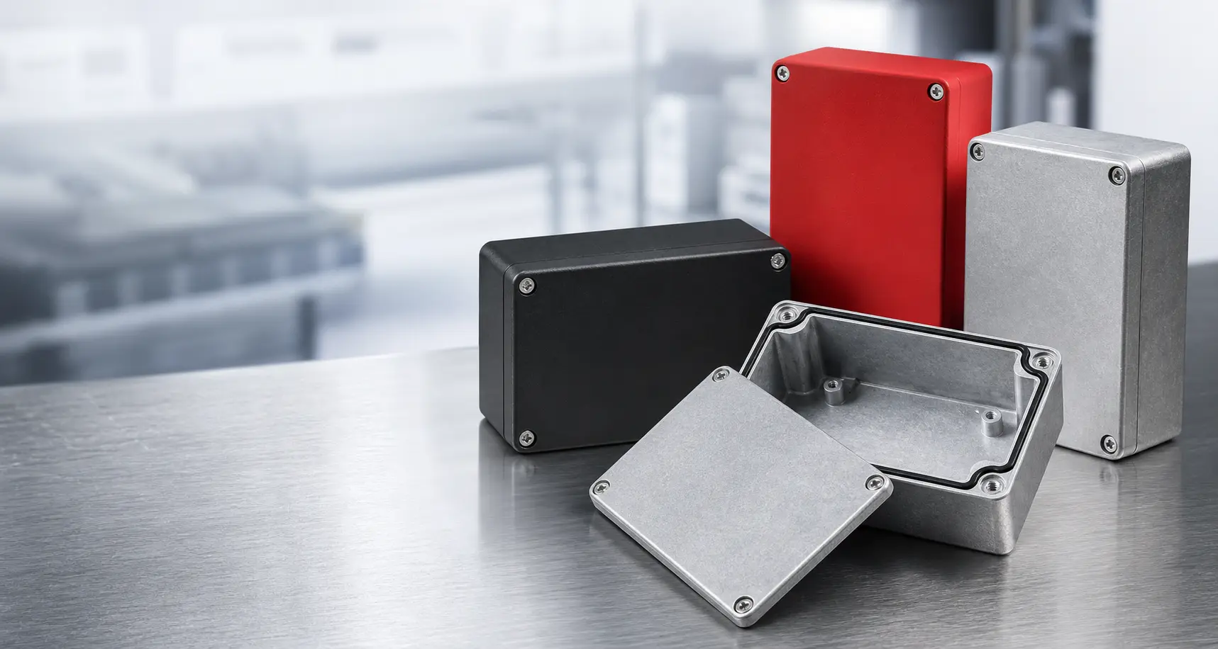 efabox Aluminiumdruckgussgehäuse in Rot, Schwarz und Silbergrau